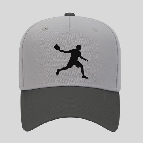 Gray cap with black silhouette of a person playing baseball on a light gray background
